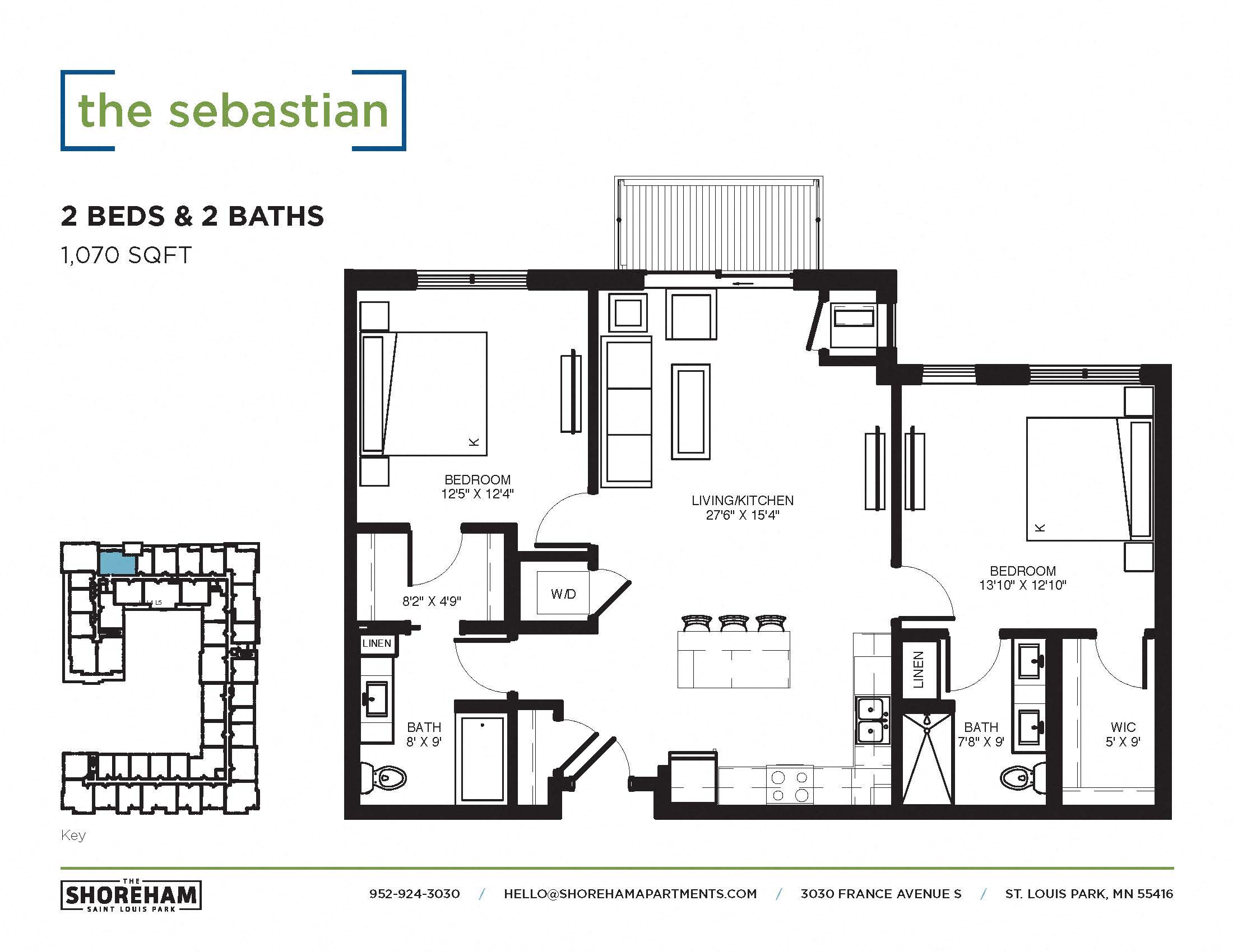 Floor plan for 2 beds, 2 baths, 1070 sqft